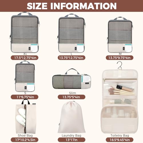 BAGAIL 4 Set/6 Set/8 Set Compression Packing Cubes Travel Accessories Expandable Packing Organizers (Half Mesh, 8-Beige) - Image 2