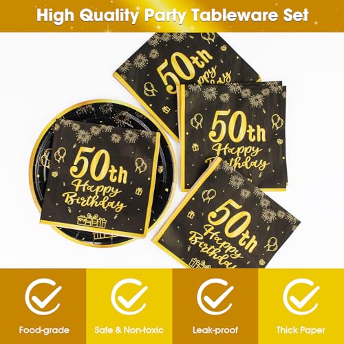 LDFDRT 50th Paper Party Plates And Napkins 50pcs 9" Black Birthday Party Dessert Tableware Happy Birthday Decorations Party Supplies - Image 3