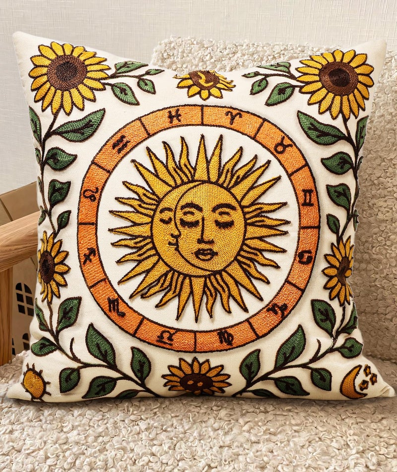 Kokaaee Embroidered Throw Pillow Covers 18x18 Inch - Summer Boho Decorative Pillow Cover with Zipper for Living Room Couch Sofa Bed Aesthetic Design Sunflower Moon Linen Cushion Pillowcase - Image 1