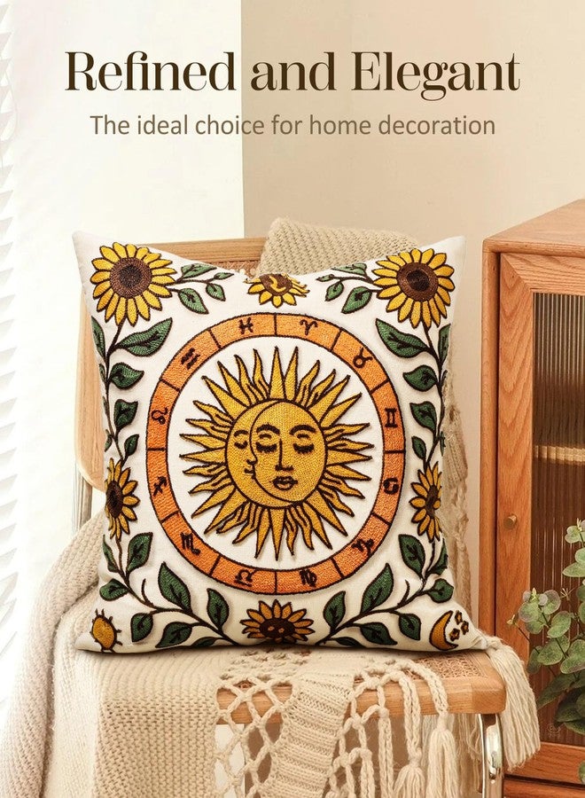 Kokaaee Embroidered Throw Pillow Covers 18x18 Inch - Summer Boho Decorative Pillow Cover with Zipper for Living Room Couch Sofa Bed Aesthetic Design Sunflower Moon Linen Cushion Pillowcase - Image 5