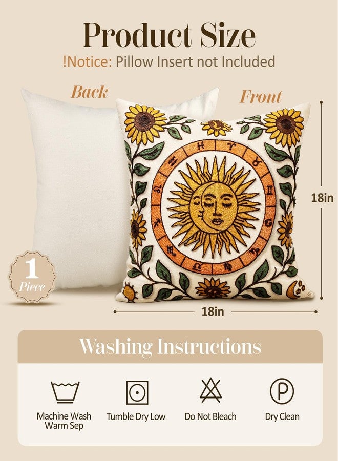 Kokaaee Embroidered Throw Pillow Covers 18x18 Inch - Summer Boho Decorative Pillow Cover with Zipper for Living Room Couch Sofa Bed Aesthetic Design Sunflower Moon Linen Cushion Pillowcase - Image 4