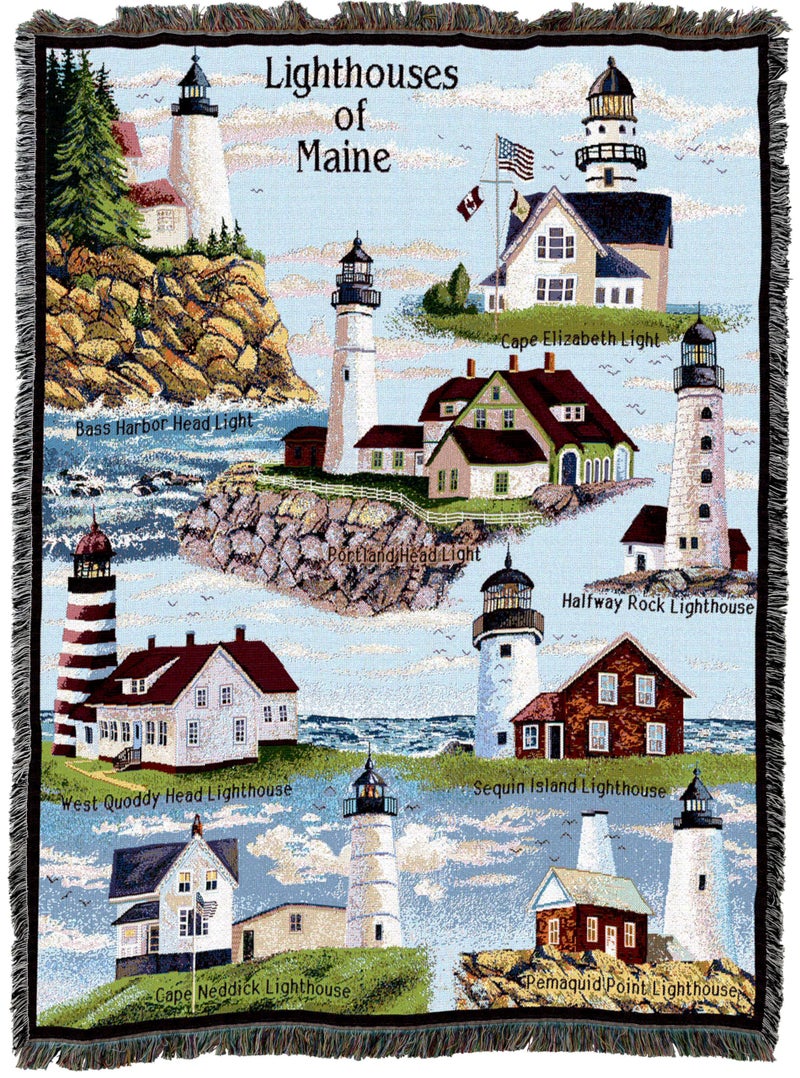 Pure Country Weavers Lighthouses of Maine Blanket - Bass Harbor Cape Elizabeth Halfway Rock Sequin Neddick West Quoddy Portland Pemaquid - Coastal Ocean Gift Tapestry Throw Woven from Cotton - Made in the USA (72x54) - Image 2