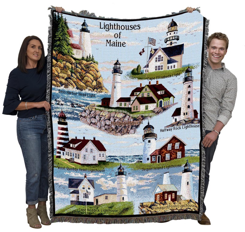 Pure Country Weavers Lighthouses of Maine Blanket - Bass Harbor Cape Elizabeth Halfway Rock Sequin Neddick West Quoddy Portland Pemaquid - Coastal Ocean Gift Tapestry Throw Woven from Cotton - Made in the USA (72x54) - Image 1