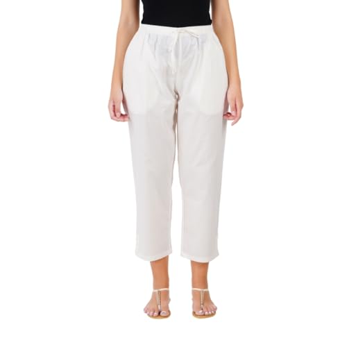 Happy Bunny Parallel Pants for Women 100% Cotton Ankle Length Trousers Regular Fit with Elastic Drawstring Stylish & Pockets Casual Formal Wear for Office & Home (MED, Off White) - Image 1