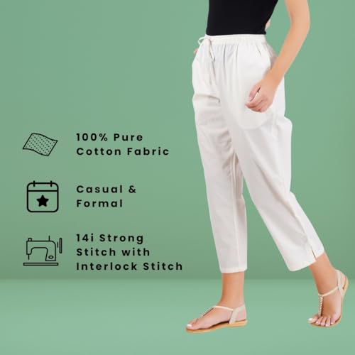 Happy Bunny Parallel Pants for Women 100% Cotton Ankle Length Trousers Regular Fit with Elastic Drawstring Stylish & Pockets Casual Formal Wear for Office & Home (MED, Off White) - Image 2