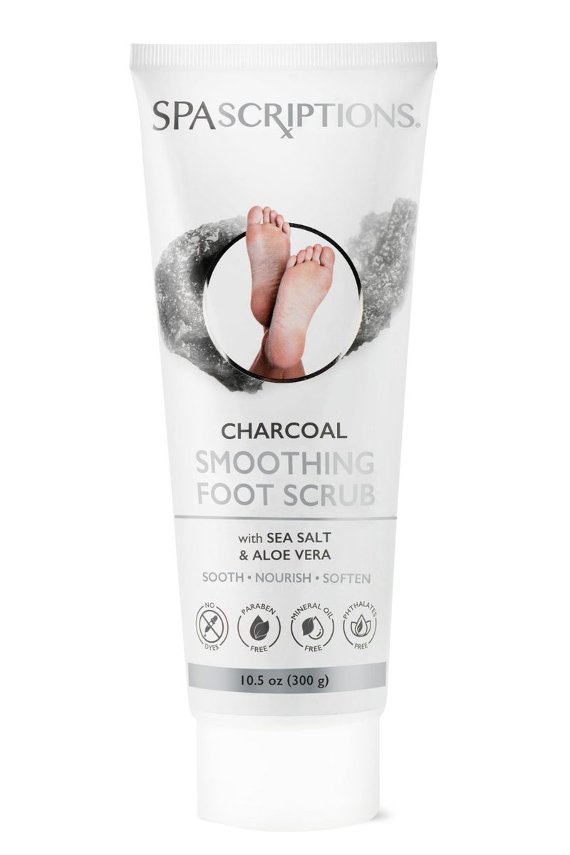 Spascriptions Charcoal Smoothing Foot Scrub with Sea Salt & Aloe Vera, Exfoliating Wash for Dry, Cracked Feet and Heels, Dead Skin and Callus Remover for Soft and Renewed Feet, 10.5 oz