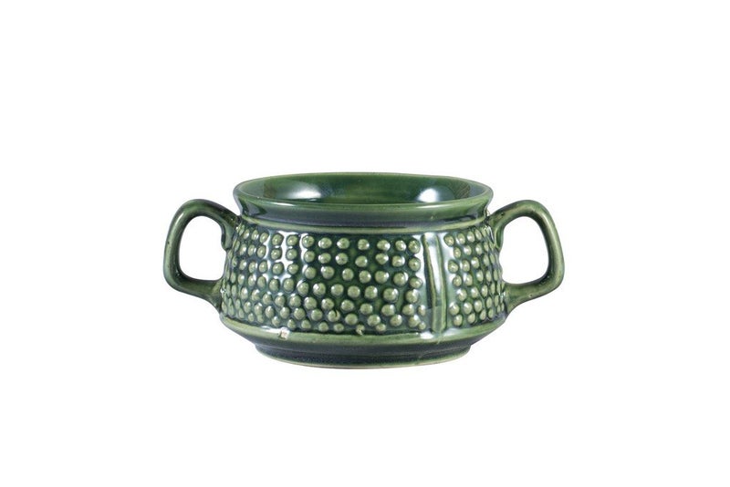Caffeine Ceramic Handmade Green Bubble Double Handled Soup Bowl with Spoon (Set of 2) - Image 3