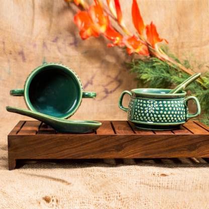 Caffeine Ceramic Handmade Green Bubble Double Handled Soup Bowl with Spoon (Set of 2) - Image 1