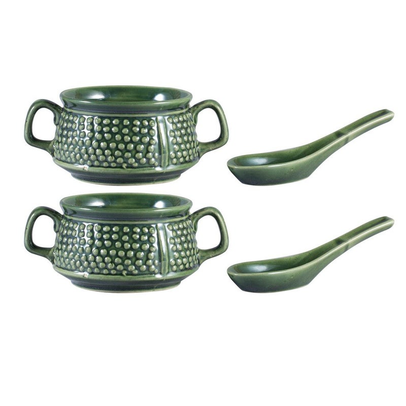 Caffeine Ceramic Handmade Green Bubble Double Handled Soup Bowl with Spoon (Set of 2) - Image 2
