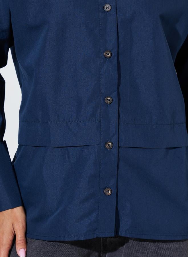 Styli Navy Blue Solid Long Sleeves Button Details Oversized Shirt - Image 3