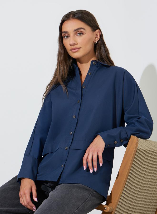 Styli Navy Blue Solid Long Sleeves Button Details Oversized Shirt - Image 1
