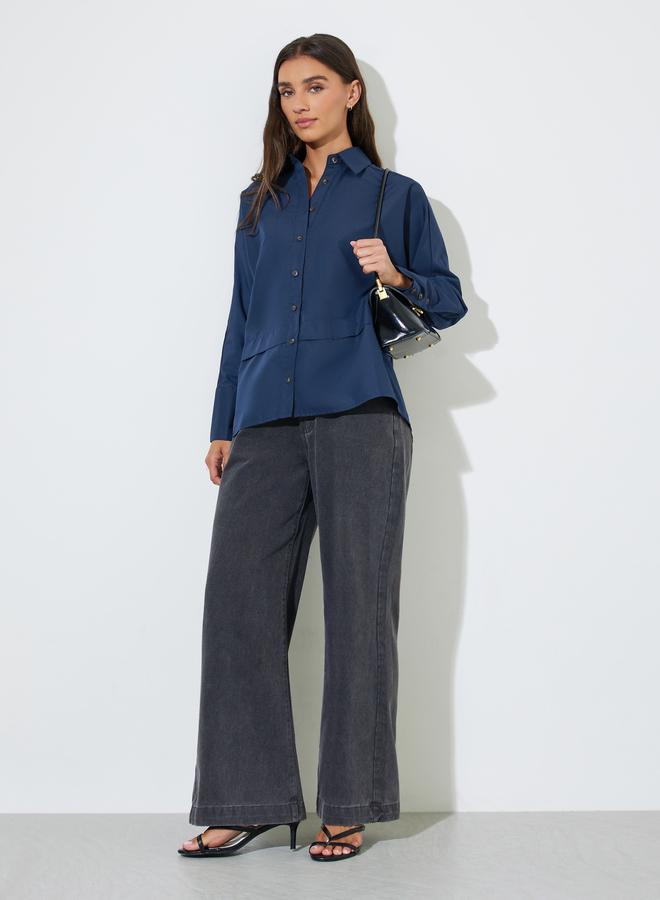 Styli Navy Blue Solid Long Sleeves Button Details Oversized Shirt - Image 2