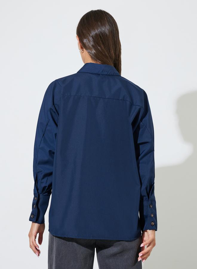Styli Navy Blue Solid Long Sleeves Button Details Oversized Shirt - Image 4
