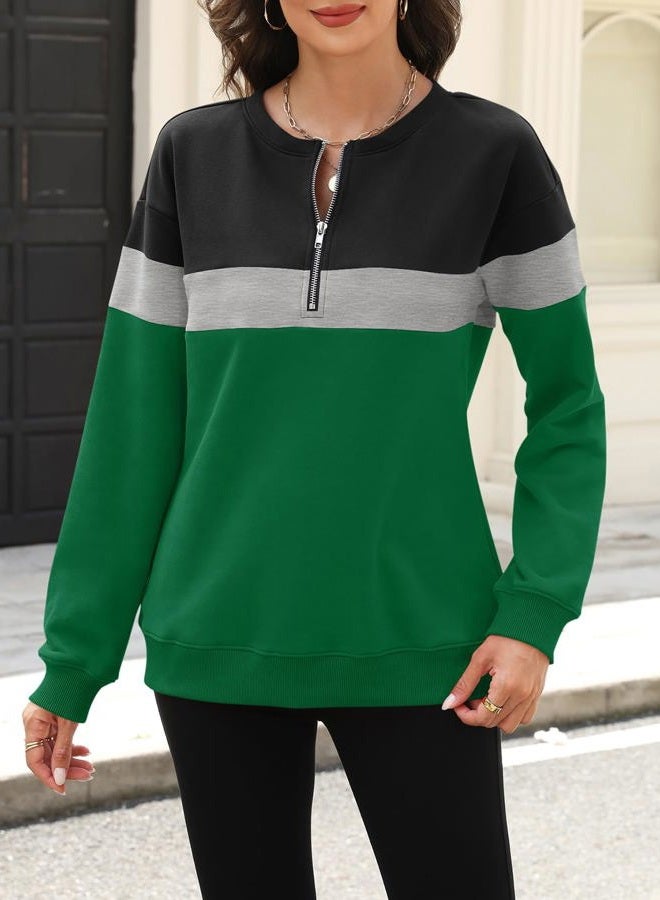 TICTICMISS Womens Sweatshirts Half Zip Fleece Pullover Tops Color Block Quarter Zipper Hoodies Fall Winter Clothes, Black-gray-green, M - Image 2
