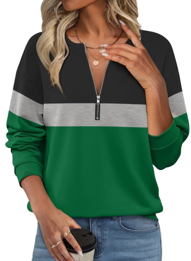 TICTICMISS Womens Sweatshirts Half Zip Fleece Pullover Tops Color Block Quarter Zipper Hoodies Fall Winter Clothes, Black-gray-green, M - Image 1