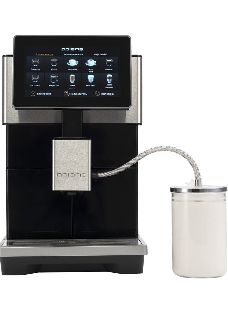 Polaris Coffee Machine PACM 2081AC WIFI IQ Home AS Black Remote control via Wi-FI. 40 drinks. Includes a thermal mug and a glass milk container. Heater type - Thermoblock Power - 1500 W Pump pressure - 20 bar Water tank volume - 1.8 l Bean hopper volume 250 g Cappuccino maker type - automatic Display - color touch  - Image 1