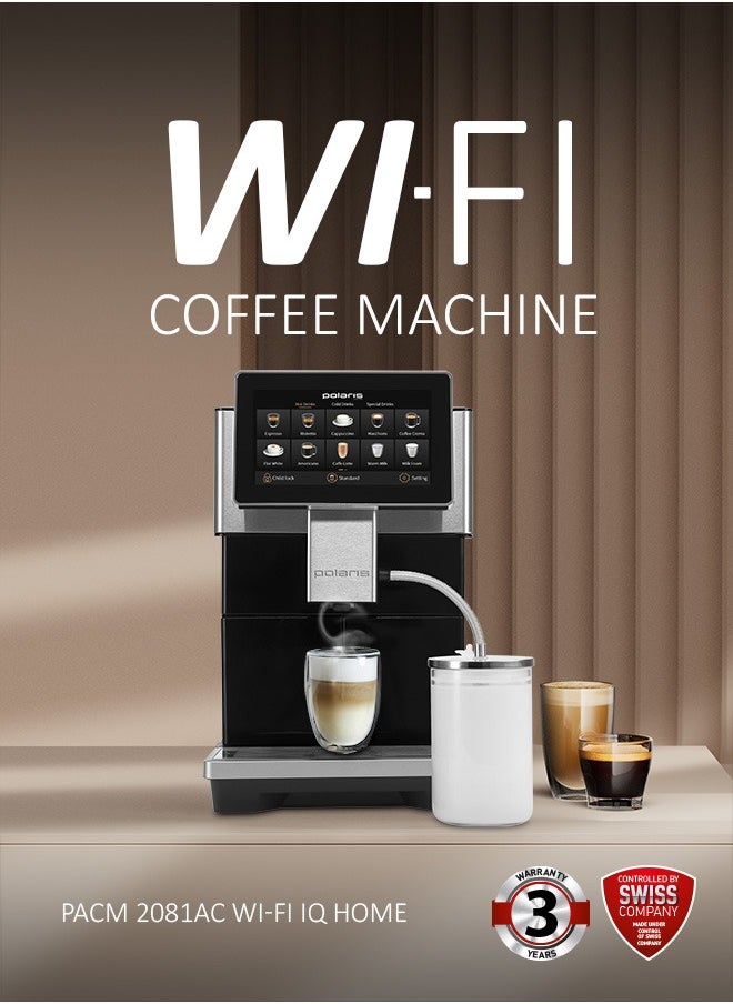 Polaris Coffee Machine PACM 2081AC WIFI IQ Home AS Black Remote control via Wi-FI. 40 drinks. Includes a thermal mug and a glass milk container. Heater type - Thermoblock Power - 1500 W Pump pressure - 20 bar Water tank volume - 1.8 l Bean hopper volume 250 g Cappuccino maker type - automatic Display - color touch  - Image 2