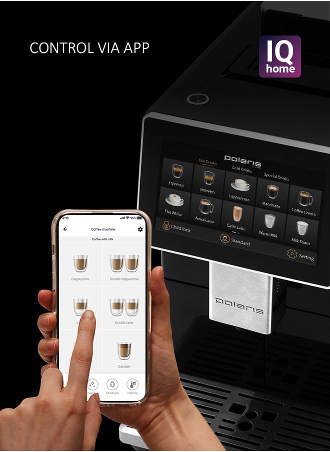 Coffee Machine PACM 2081AC WIFI IQ Home AS Black Remote control via Wi-FI. 40 drinks. Includes a thermal mug and a glass milk container. Heater type - Thermoblock Power - 1500 W Pump pressure - 20 bar Water tank volume - 1.8 l Bean hopper volume 250 g Cappuccino maker type - automatic Display - color touch
