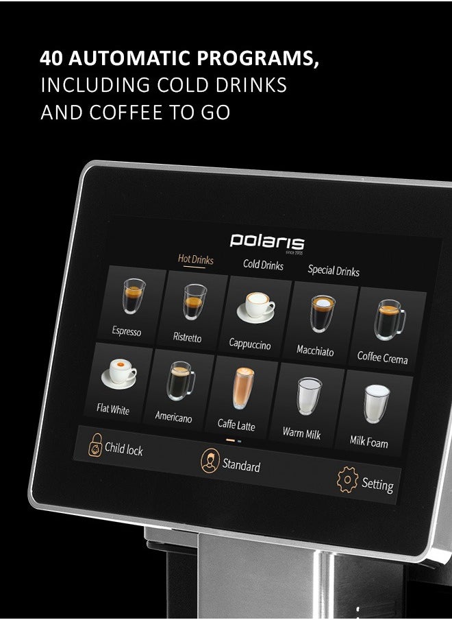 Coffee Machine PACM 2081AC WIFI IQ Home AS Black Remote control via Wi-FI. 40 drinks. Includes a thermal mug and a glass milk container. Heater type - Thermoblock Power - 1500 W Pump pressure - 20 bar Water tank volume - 1.8 l Bean hopper volume 250 g Cappuccino maker type - automatic Display - color touch