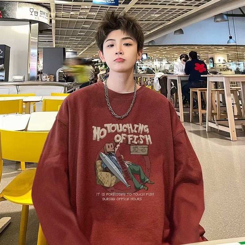 American Long-sleeved T-shirt Mens Spring and Autumn New Loose Fashionable Loose plus size Round Neck Autumn Top Base Shirt Brown  - Image 5