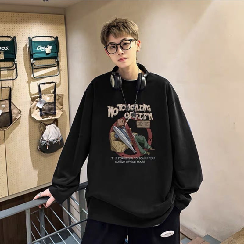 American Long-sleeved T-shirt Mens Spring and Autumn New Loose Fashionable Loose plus size Round Neck Autumn Top Base Shirt Brown  - Image 3