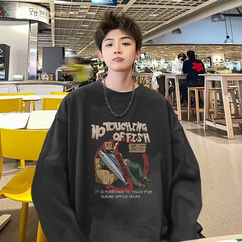 American Long-sleeved T-shirt Mens Spring and Autumn New Loose Fashionable Loose plus size Round Neck Autumn Top Base Shirt Brown  - Image 2