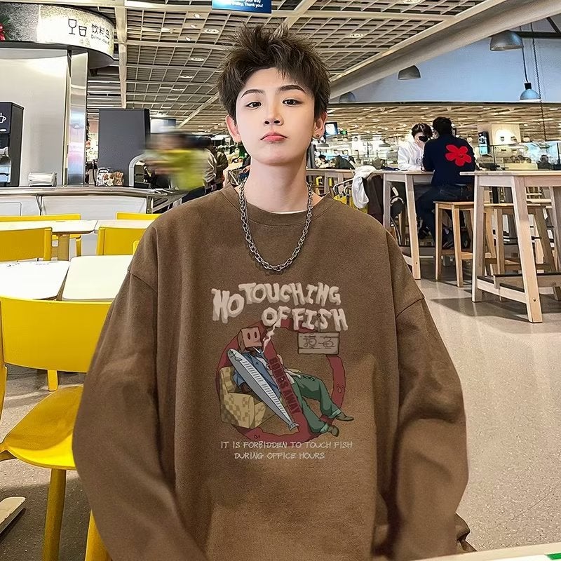 American Long-sleeved T-shirt Mens Spring and Autumn New Loose Fashionable Loose plus size Round Neck Autumn Top Base Shirt Brown  - Image 1
