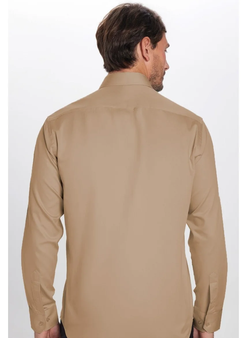 تودورس Men's Regular Fit Classic Cut 100% Cotton Satin Single Pocket Cream Shirt