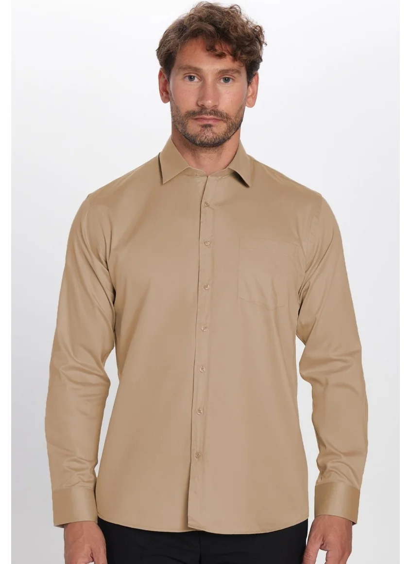 تودورس Men's Regular Fit Classic Cut 100% Cotton Satin Single Pocket Cream Shirt