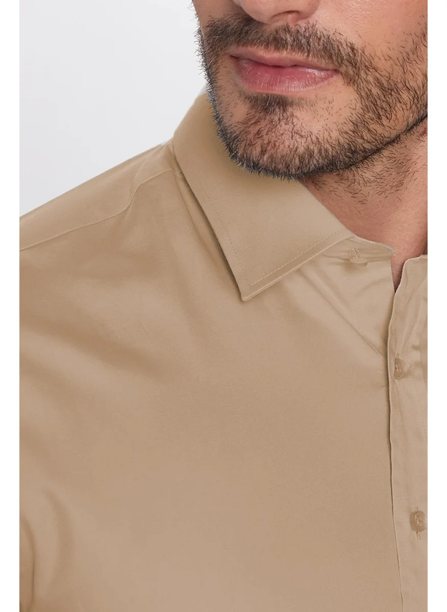 تودورس Men's Regular Fit Classic Cut 100% Cotton Satin Single Pocket Cream Shirt