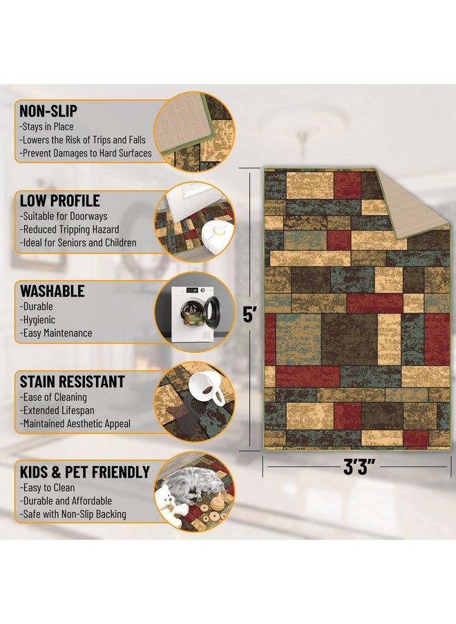 Ottomanson - Ottohome Collection Non-Slip Rubberback Boxes Design 3X5 Indoor Area Rug, 3'3" X 5', Multicolor - Image 1