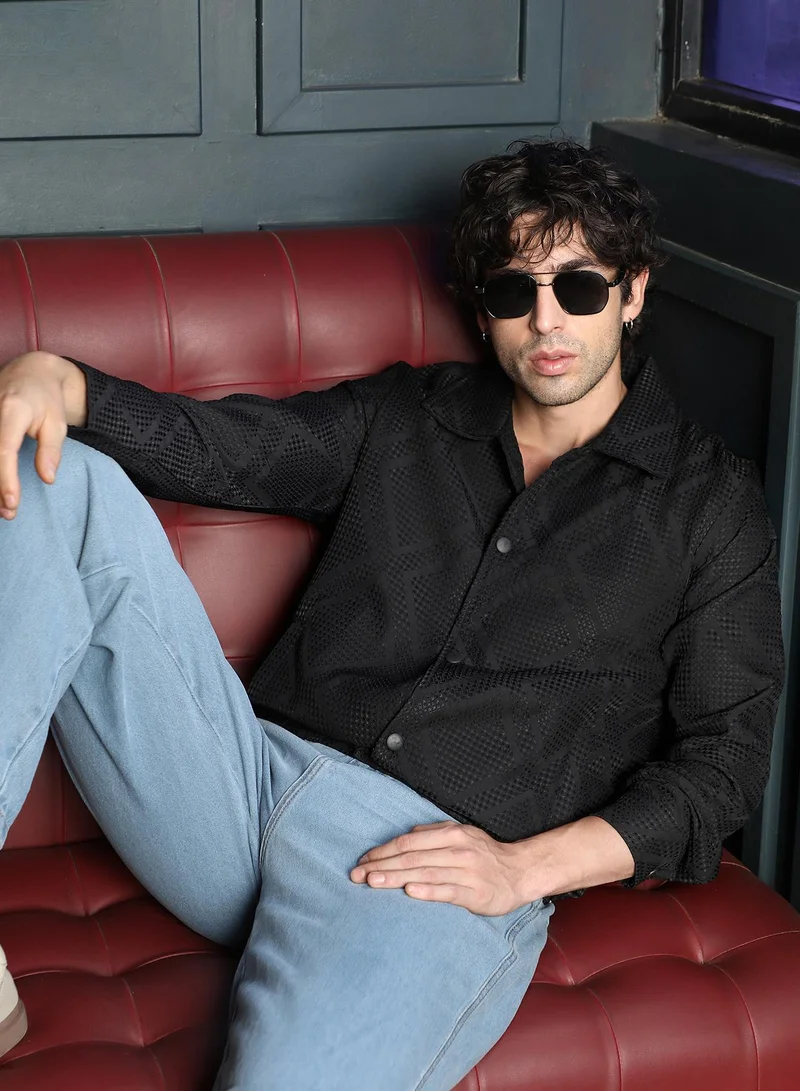 Campus Sutra Men Rhombus-Jacquard Bomber Jacket | Point Collar, Long Button-Cuff Sleeves | Snap Button , Stretch-Straight Hem | Solid Jacquard | Woven Fabric For Casual & Daily Wear | Onyx Black