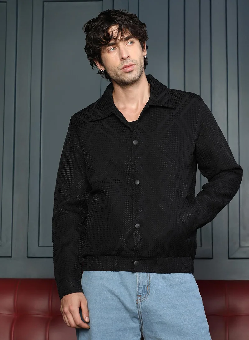 Campus Sutra Men Rhombus-Jacquard Bomber Jacket | Point Collar, Long Button-Cuff Sleeves | Snap Button , Stretch-Straight Hem | Solid Jacquard | Woven Fabric For Casual & Daily Wear | Onyx Black