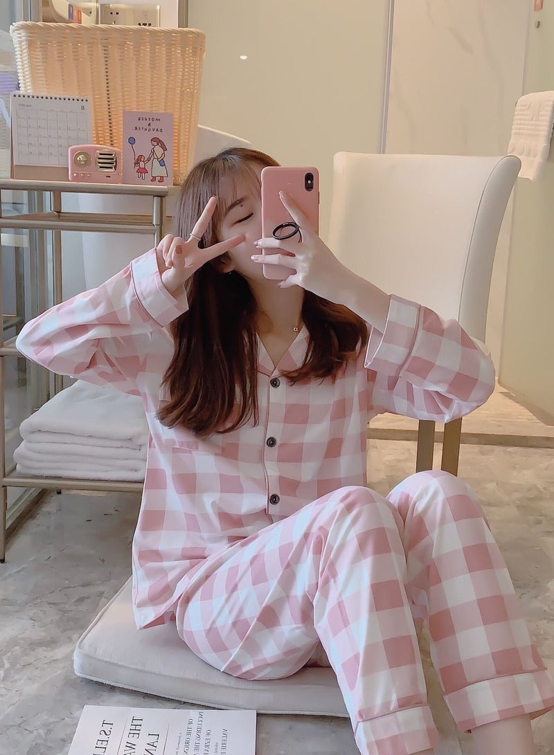 NIBEMINENT Sweet Plaid Pattern Spring Autumn Top and Trouser Nighty Set Pink/White - Image 4