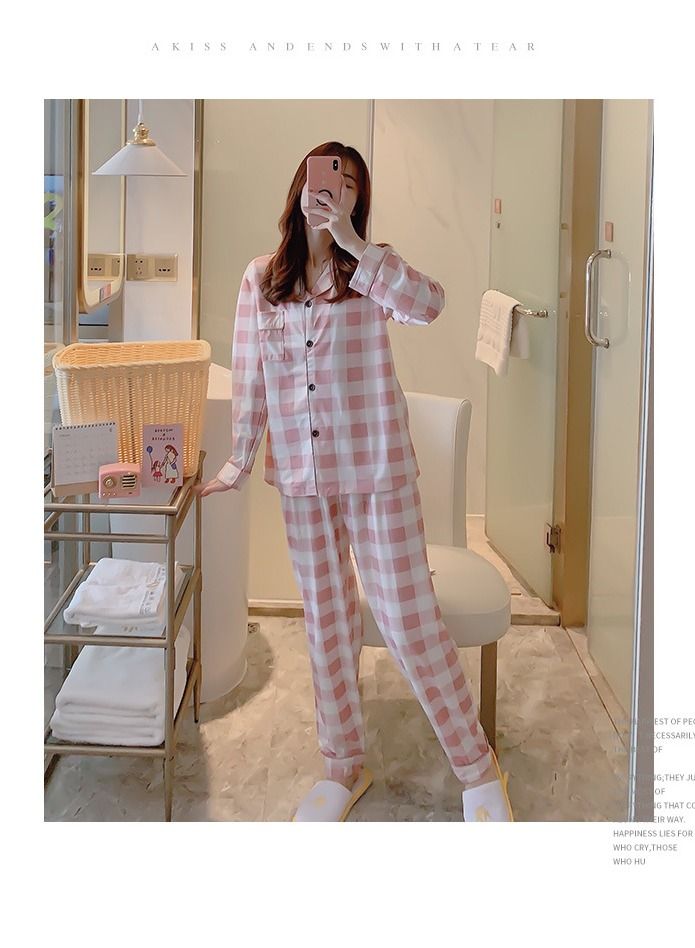 NIBEMINENT Sweet Plaid Pattern Spring Autumn Top and Trouser Nighty Set Pink/White - Image 2