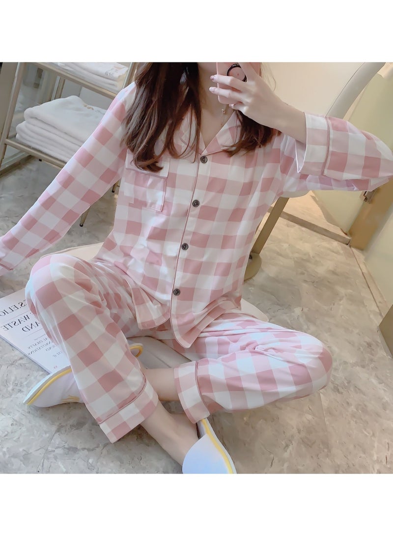 NIBEMINENT Sweet Plaid Pattern Spring Autumn Top and Trouser Nighty Set Pink/White - Image 1