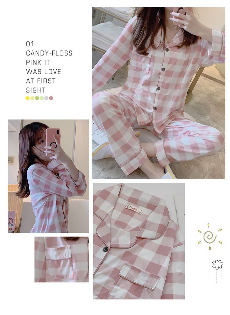 NIBEMINENT Sweet Plaid Pattern Spring Autumn Top and Trouser Nighty Set Pink/White - Image 3