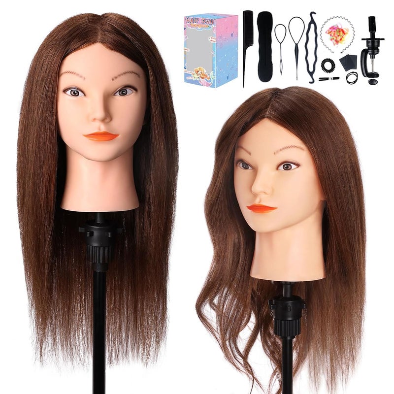 Mannequin Head with 100 Real Hair Cenoz 18 Hairdresser Cosmetology Training Head with Stand and Tool Manikin Training Practice Head Doll Head for Hair Styling Dark brown
