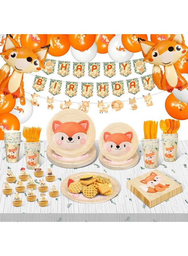 Outus زينة حفلة عيد ميلاد بموضوع الثعلب من أوتوس 224 قطعة - مستلزمات حفلة الثعلب تشمل لافتة بموضوع الحيوانات، بالونات، قمة كعكة، غطاء طاولة ورقي، مجموعة أدوات المائدة - Image 1