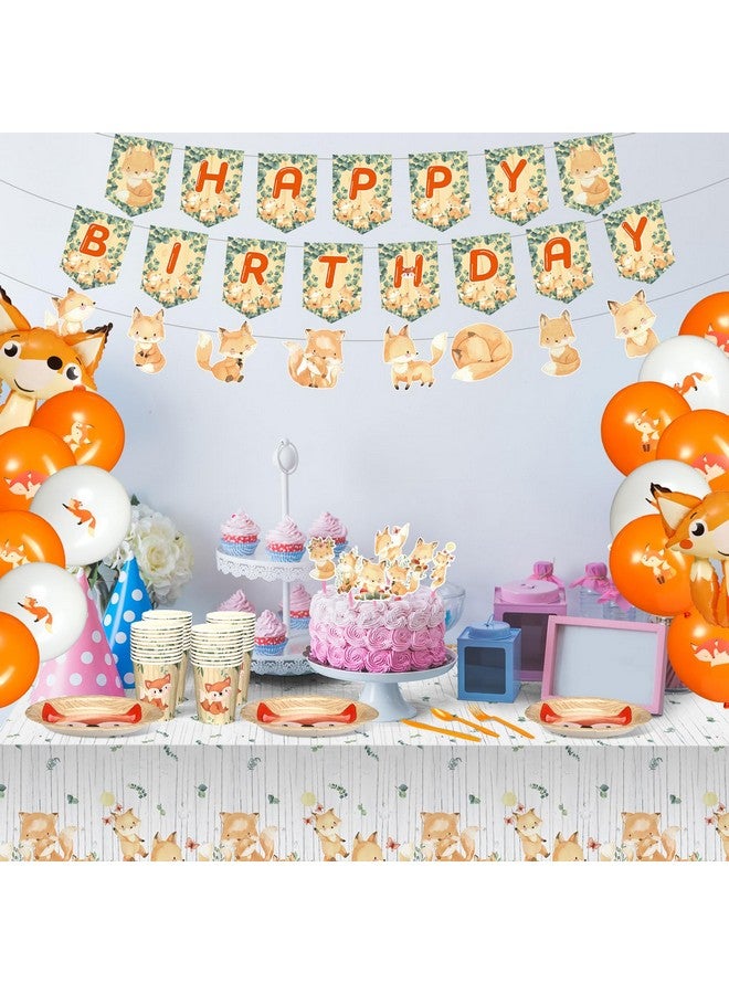 Outus زينة حفلة عيد ميلاد بموضوع الثعلب من أوتوس 224 قطعة - مستلزمات حفلة الثعلب تشمل لافتة بموضوع الحيوانات، بالونات، قمة كعكة، غطاء طاولة ورقي، مجموعة أدوات المائدة - Image 5