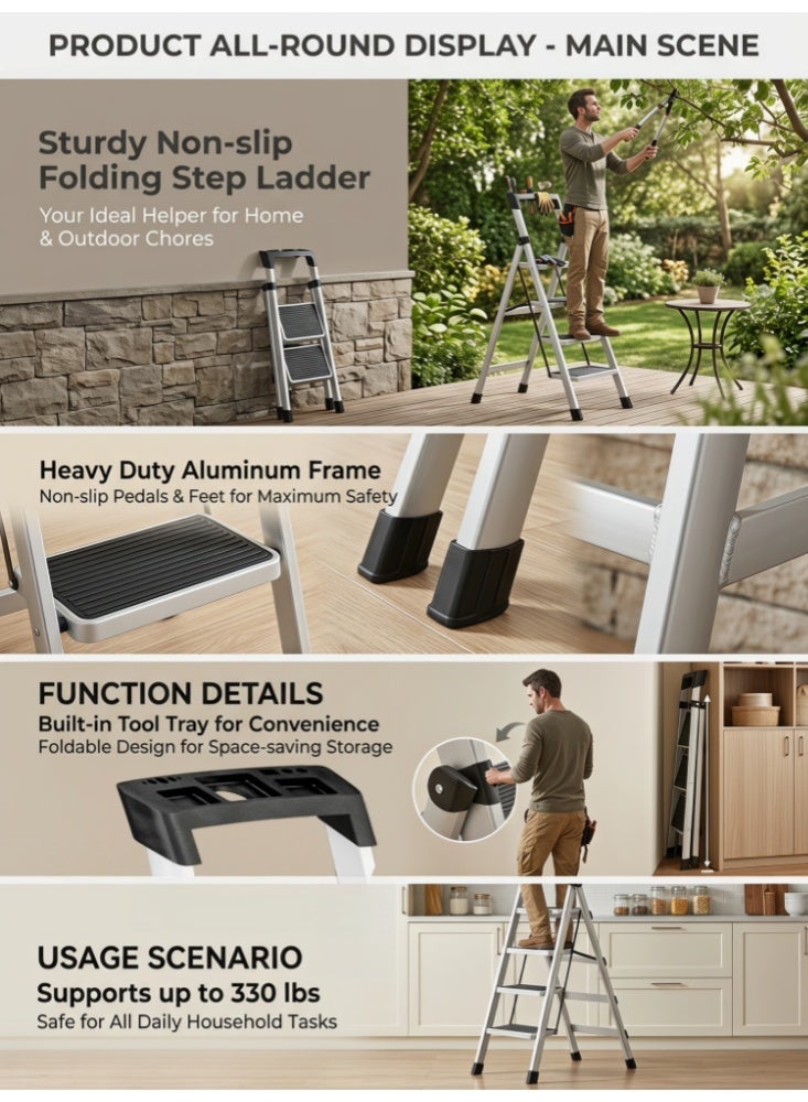 Zanotta Foldable Ladder 4 Steps, Home Folding Step with Tool Holder, Wide Anti-Slip Pedal, Adults Sturdy Steel Ladder for Home Kitchen Garden Office - Image 5