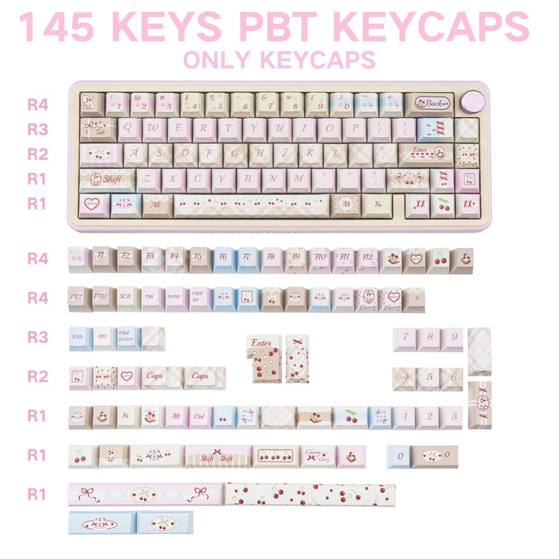 COOMICKEY مجموعة مفاتيح COOMICKEY من PBT بتقنية الصب، 145 مفتاح، مفتاح وردي لطيف، مفاتيح مخصصة بملف شيري 60 65 75 100 بالمئة لـ 61/64/68/84/87/100/104/108 تخطيط ANSI ISO لمفاتيح MX لألعاب لوحة المفاتيح الميكانيكية - Image 2
