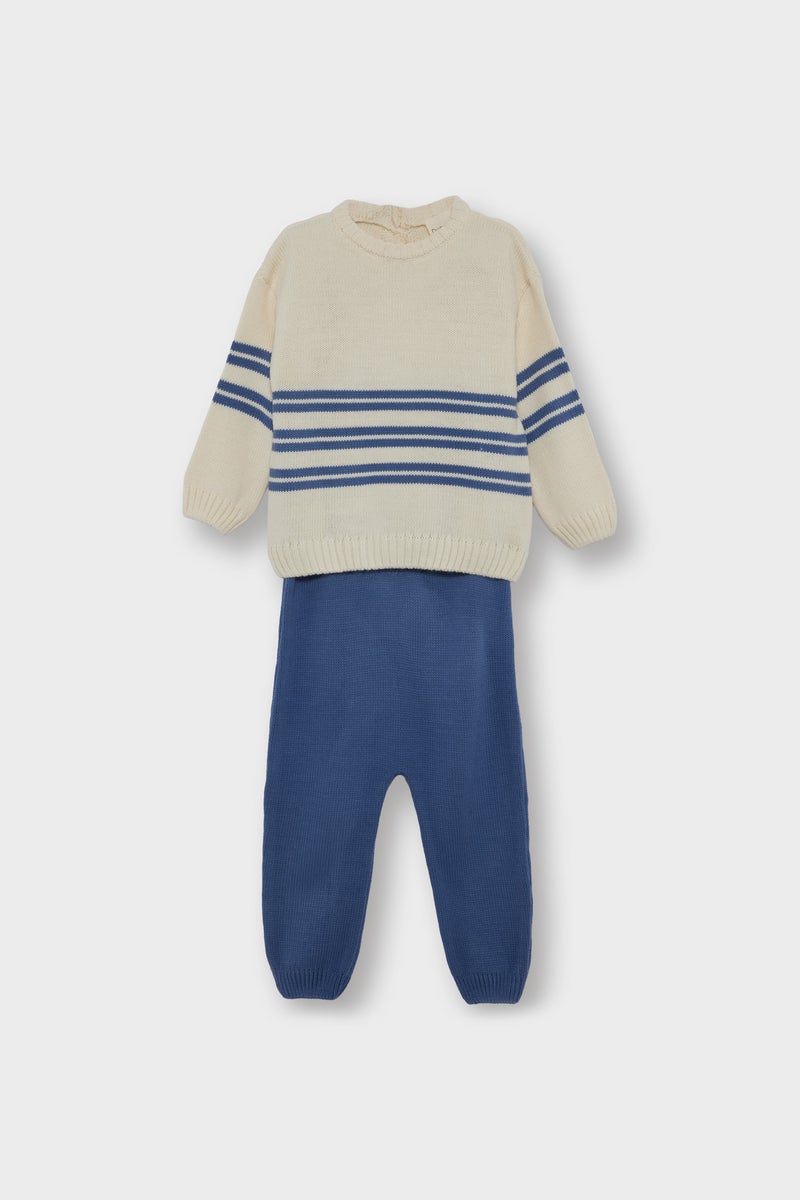 DeFacto Blue BabyBoy Baby Boy 2 piece Regular Fit Stripped Knit Pullover and Pants Set Casual - Image 1