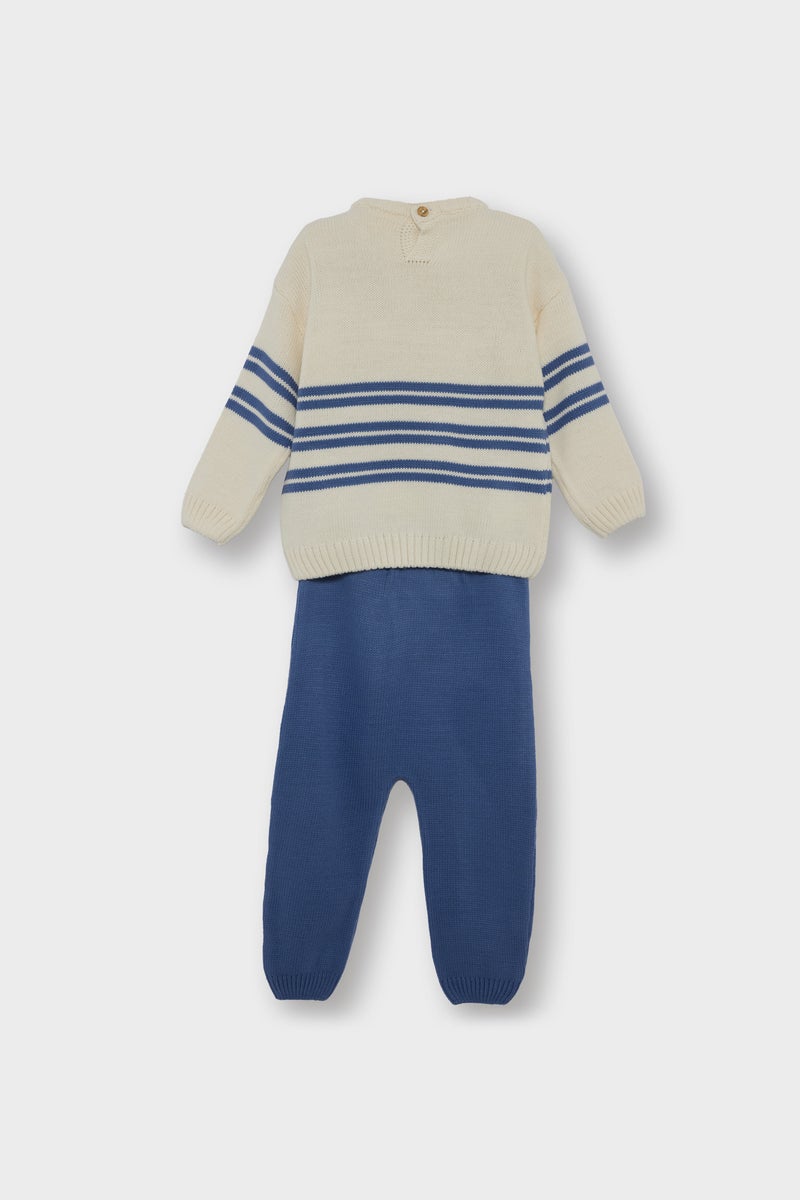 DeFacto Blue BabyBoy Baby Boy 2 piece Regular Fit Stripped Knit Pullover and Pants Set Casual - Image 4