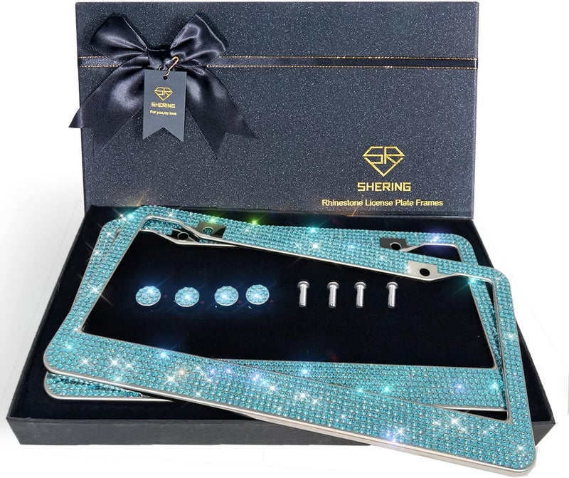 Shering Bling License Plate Frame, 2 Pack License Plate Frame with Premium Gift Box for Women,Rhinestone License Plate Frames with 1200pcs Rhinestones - Image 1