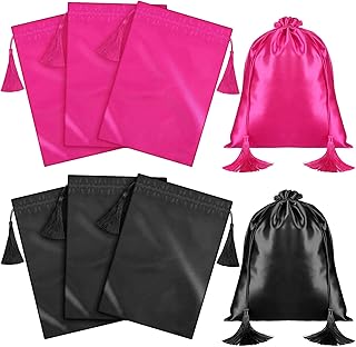 Shappy 6 Pieces Satin Wig Bags Wig Carrying Bags Hair Drawstring Bags Tassel Packaging Storage Bags Soft Wig Pouches - Image 1