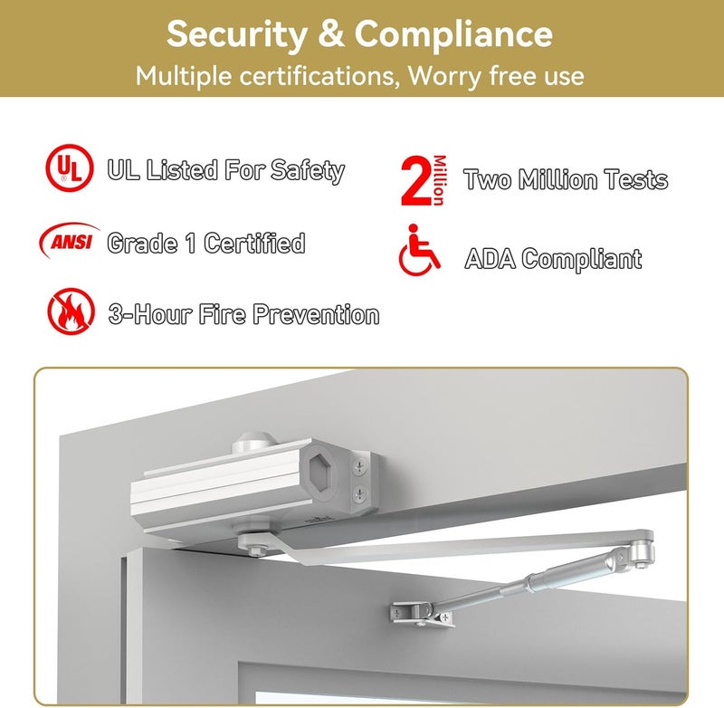 GEKRONE Automatic Door Closer Heavy Duty Fire Prevention Spring Hydraulic Aluminum Alloy Surface Mounted Residential Commerical Grade Door Closer Adjustable Speed Door Weights 55-99 Lbs Size1-Silver - Image 5