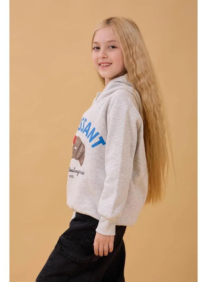 Perendi Girl's Hooded Croissant Print Sweatshirt with Lined Interior – Gray Melange