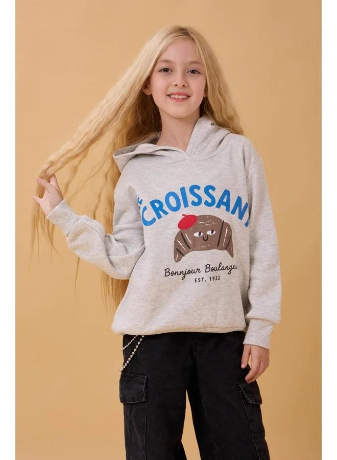 Perendi Girl's Hooded Croissant Print Sweatshirt with Lined Interior – Gray Melange