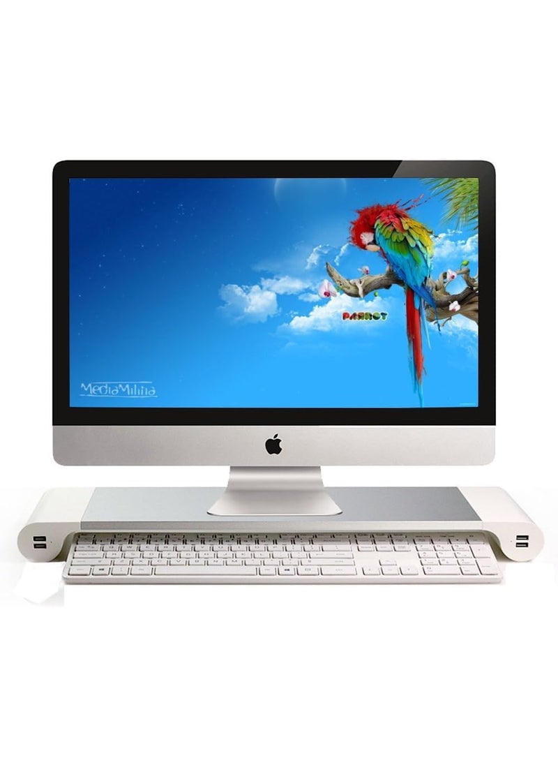 SGMSC SGMSC Aluminum Monitor Stand Space Bar with Keyboard Storage for Laptop MacBook and More 4 USB Ports Silver  - Image 3